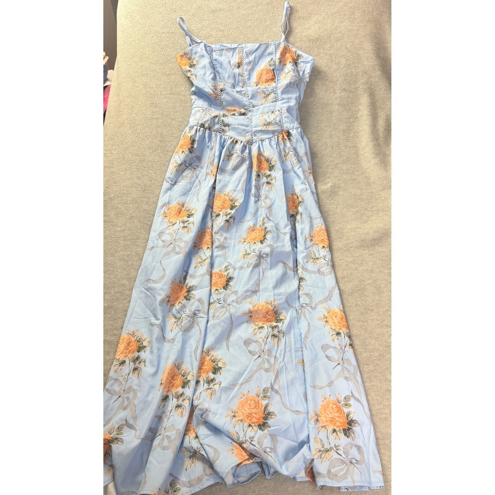 Blue Floral Rose Ribbon Print Maxi Ladder Lace Bodice Summer Party Sun Dress